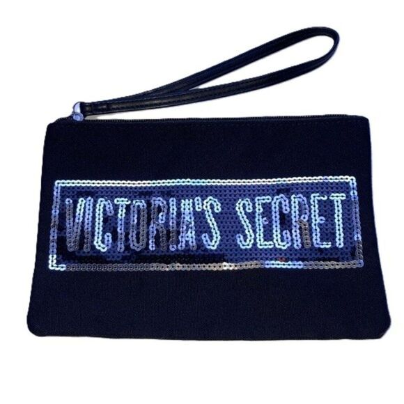VICTORIAS SECRET Wristlet Black with Silver Sequins 6 x 9 inches - Picture 1 of 8